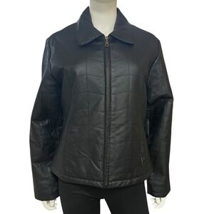 KC Collections Womens Large Black Leather Cropped Quilted Style Zip‎ Jacket